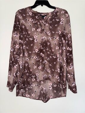 Vera Wang Brown Floral Split-Neck Tunic with Pink Accents